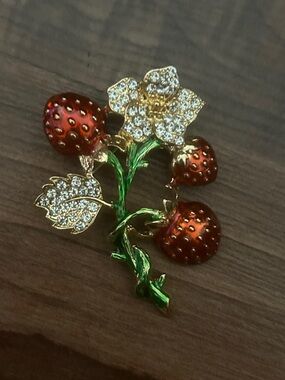 Gold-Tone Strawberry Floral Brooch with Red Enamel and Clear Crystals